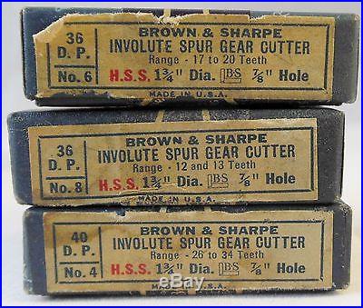 12 Vintage Involute Gear Cutters Brown Sharpe 32,36,40 DP 7/8 Hole Orig Boxes
