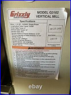 2009 Grizzly G3102 Vertical Knee Mill 1 Phase R8 Spindle 1.5HP
