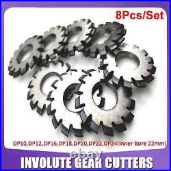 8 Pcs/Set 14.5° Involute Gear Cutter DP8 DP10 DP16 DP20 DP22 PA14-1/2 HSS 8H Kit