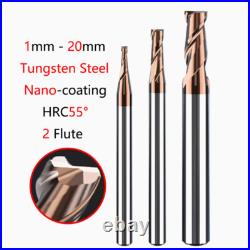 Carbide End Mill 2 Flute 1-20mm HRC55° CNC Slot Drill Milling Cutter Nano-Coated