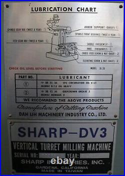 Sharp DV3 Dah Lih G2200 Vertical Milling Machine Box Ways, Power Feeds - E1774