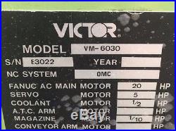 VICTOR VM-6030 VMC CNC VERTICAL MACHINING CENTER MILL MILLING 20HP OMC FANUC